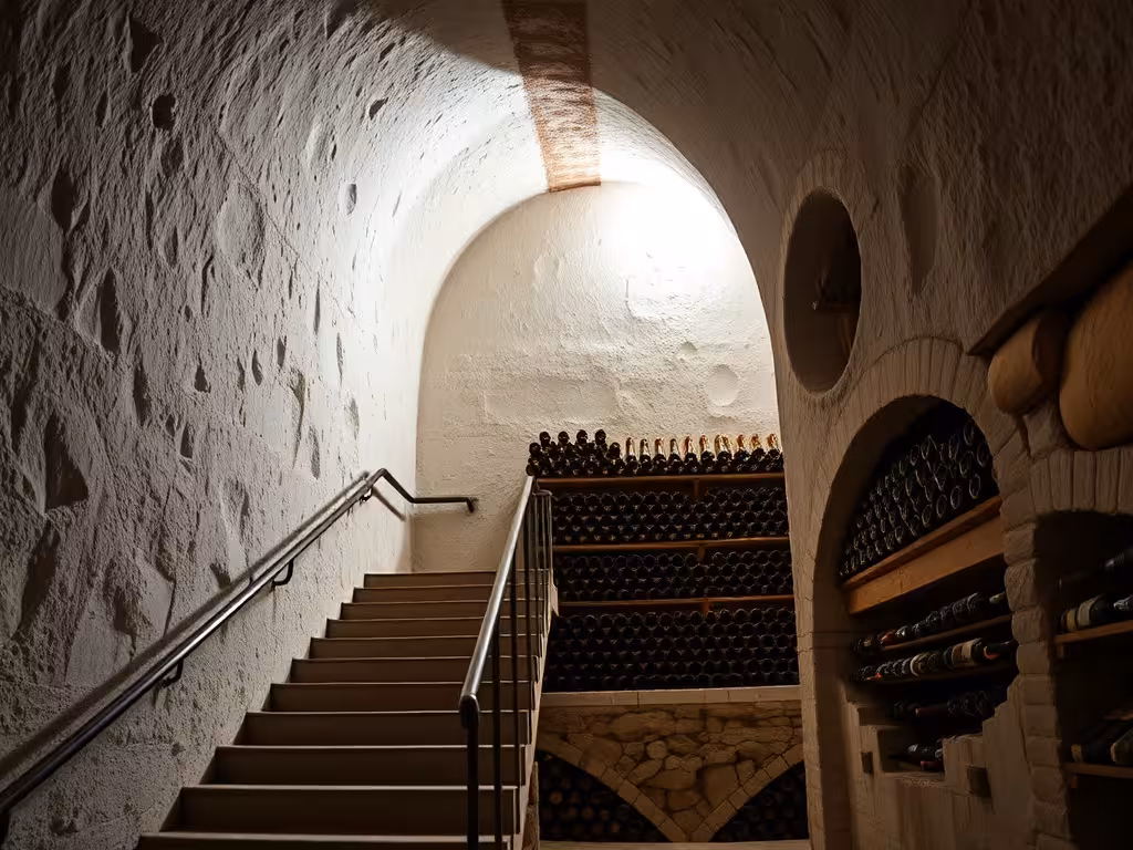 Escalier historique descendant dans les crayères calcaires avec bouteilles de champagne entreposées