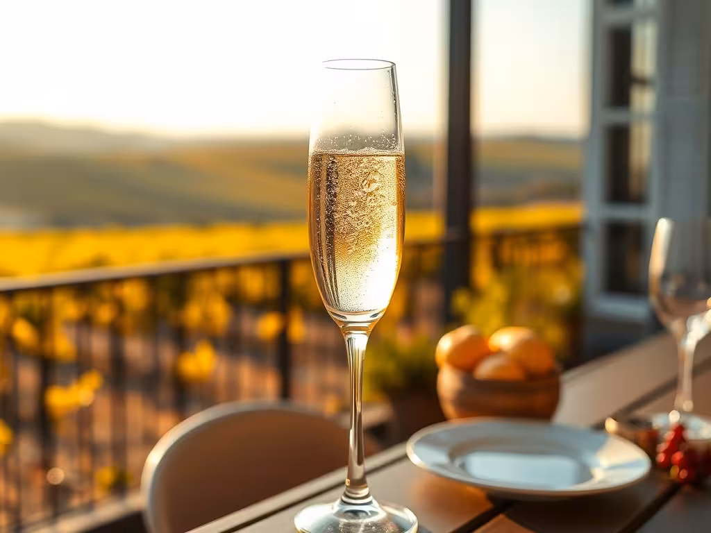 Verre de champagne pétillant en terrasse avec vue sur les vignes champenoises en automne